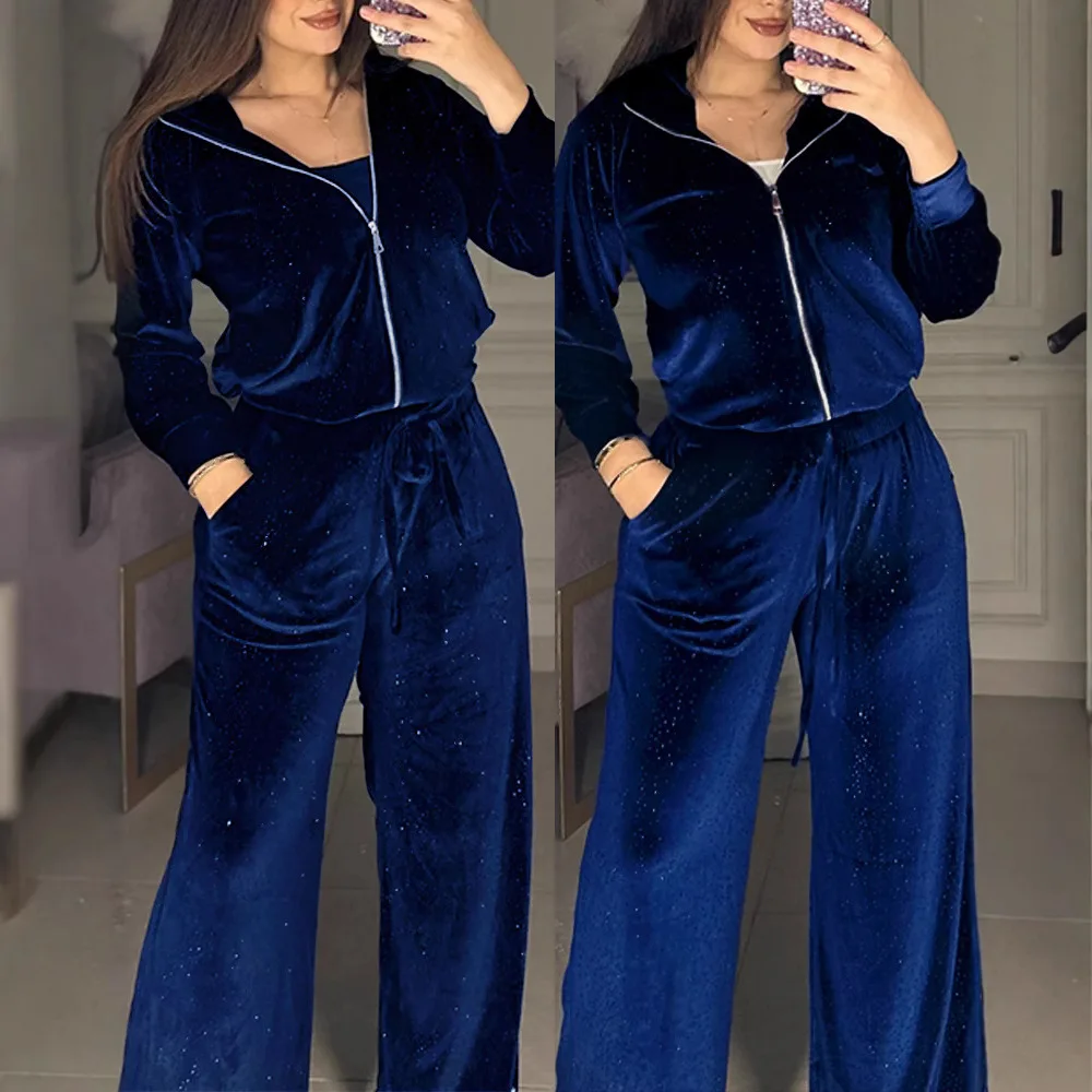 

Spirng 2 Piece Rhinestone Turn-down Collar Long sleeves Cardigan Wide Leg Pants Casual Pants Set