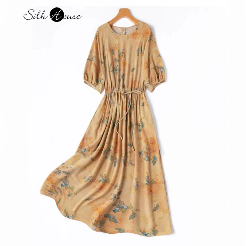 

Soft 100% Natural Mulberry Silk 04 Crepe De Chine Three-dimensional Lantern Sleeve Large Swing Drawstring Women's Casual Dress