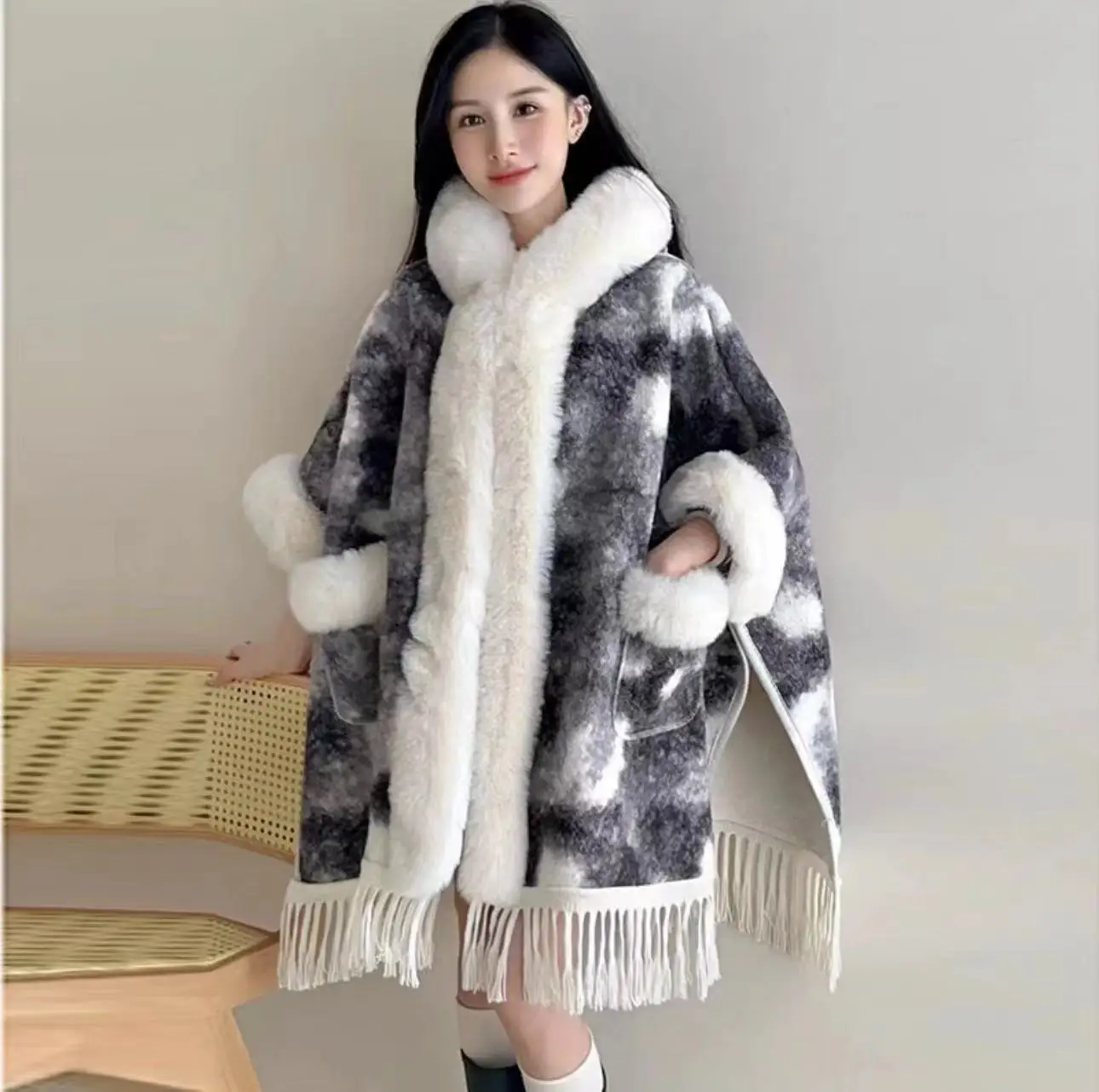 Women Faux Fur Collar Cardigan Cape With Hat Winter Warm Thick Long Batwing Plaid Poncho Velvet Cloak Ladies Hairy Tassel Coat