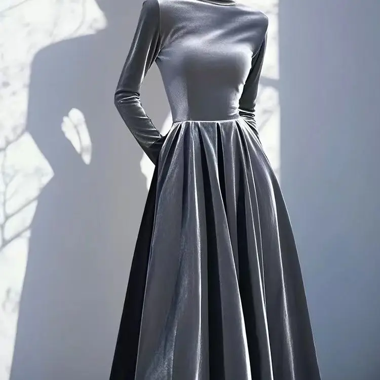 Vestido de terciopelo gris de cintura alta con cuello alto para mujer primavera otoño, vestidos largos elegantes de terciopelo de manga larga para mujer