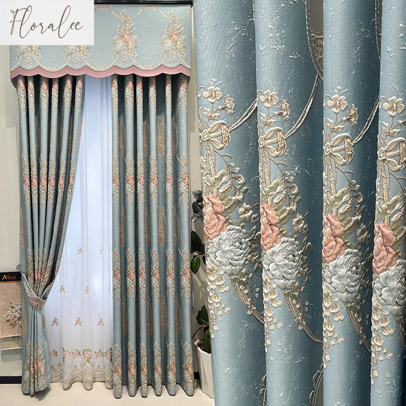 High-end Relief Jacquard Curtains for Living Room Bedroom Blackout Bay Window Luxury Gauze Embroidered Curtain Customized Decor