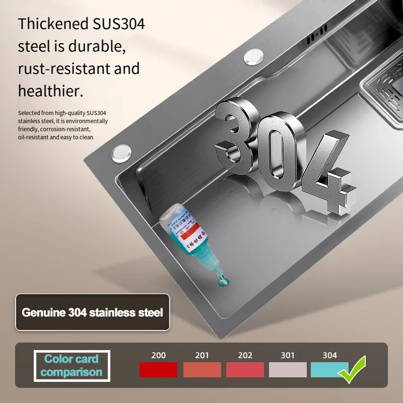 حوض مطبخ سميك 304 من الفولاذ المقاوم للصدأ مطلي بالنانو سعة كبيرة حوض واحد مقاوم للاهتراء خزان رمادي #2