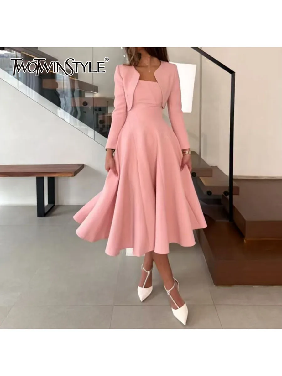 

TWOTWINSTYL Solid Elegant Two Piece Sets for Women Round Neck Long Sleeves Top Square Neck Sleeveless Tunic Dress Female Clothes