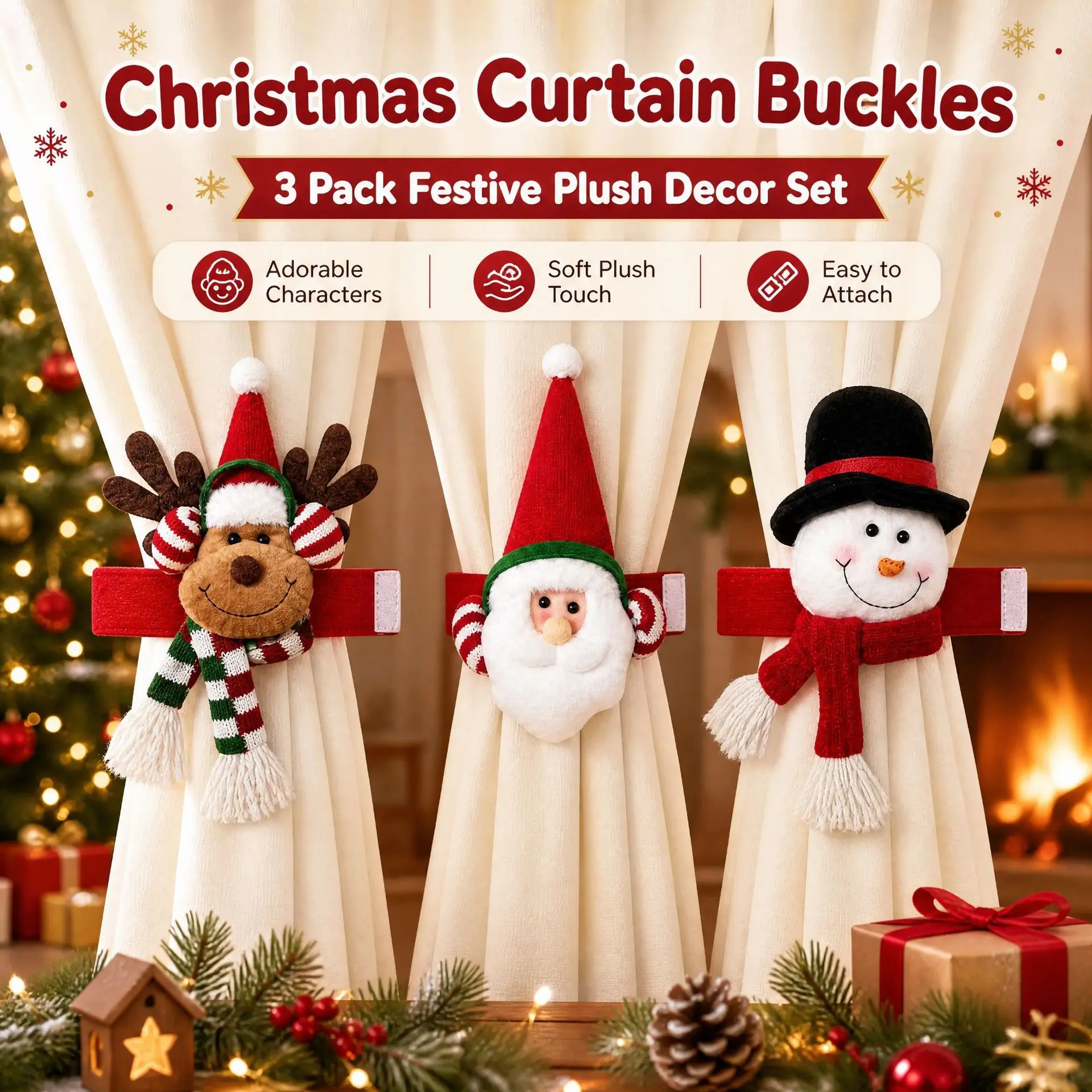 Festive Christmas Curtain Tiebacks 3 Pack Plush Santa Snowman Reindeer Holiday Home Decor Set