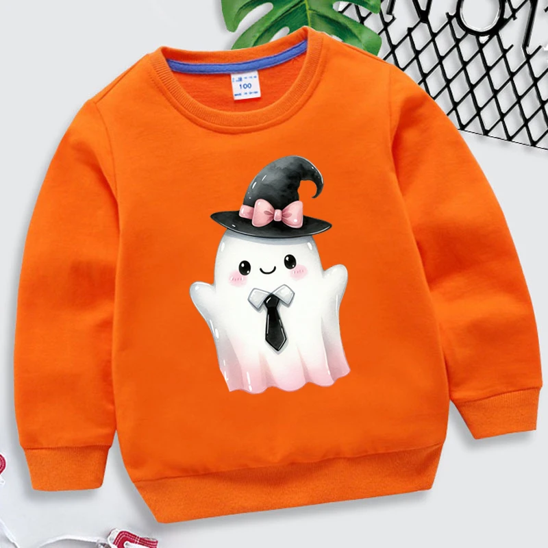 Cartoon Witch Ghost Print Children Sweatshirt Round Neck Pullovers Funny Halloween Spooky Season Girl Boy Autumn Winter Hoodies