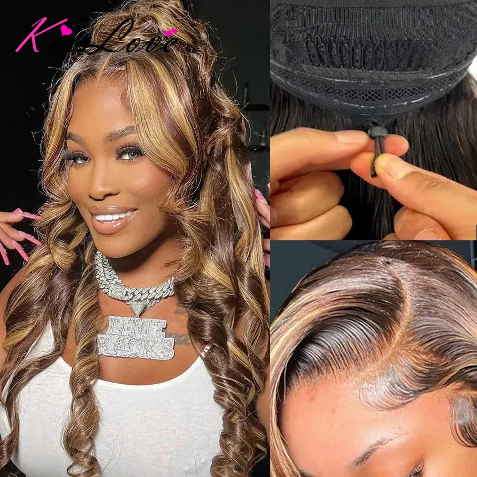 

P4/27 Highlight 13x4 13x6 Полный фронтальный парик с эластичным шнурком Invisi Strap 360 Кружевной парик Человеческие волосы Бесклеевые парики