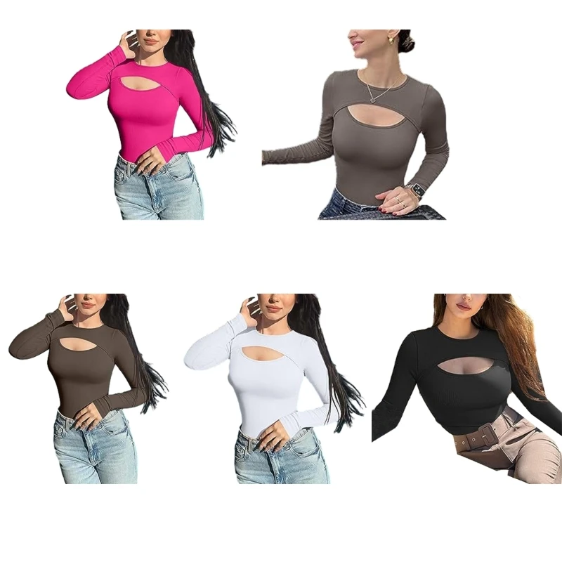 

Women Sexy Cutout Bodysuit Hollow Out Front Long Sleeve Crew Neck T-shirt Spring Autumn Lady Casual Solid Color Party Club Shirt