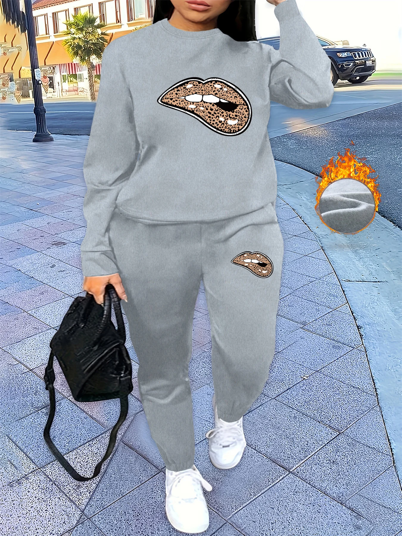 

Женская осенне-зимняя уличная повседневная спортивная рубашка с леопардовым принтом и круглым вырезом в стиле хип-хоп, комплект спортивных штанов, теплая одежда