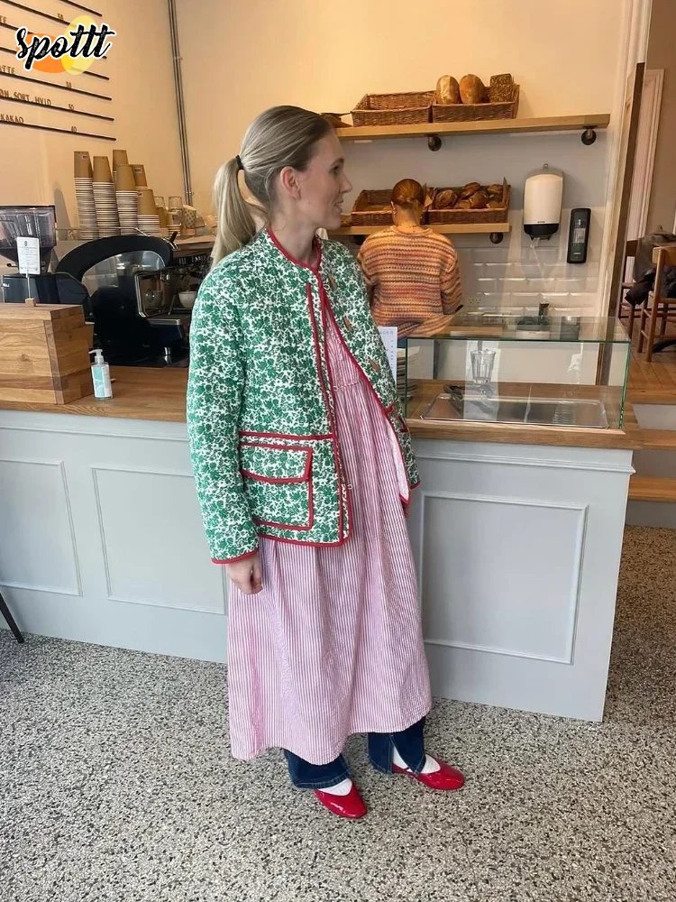 

Fashion Printed Red Edge Contrast Cotton Jacket Women Stand Neck Pocket Cow Horn Buckle Coats 2024 Autumn Winternew Lady Outwear