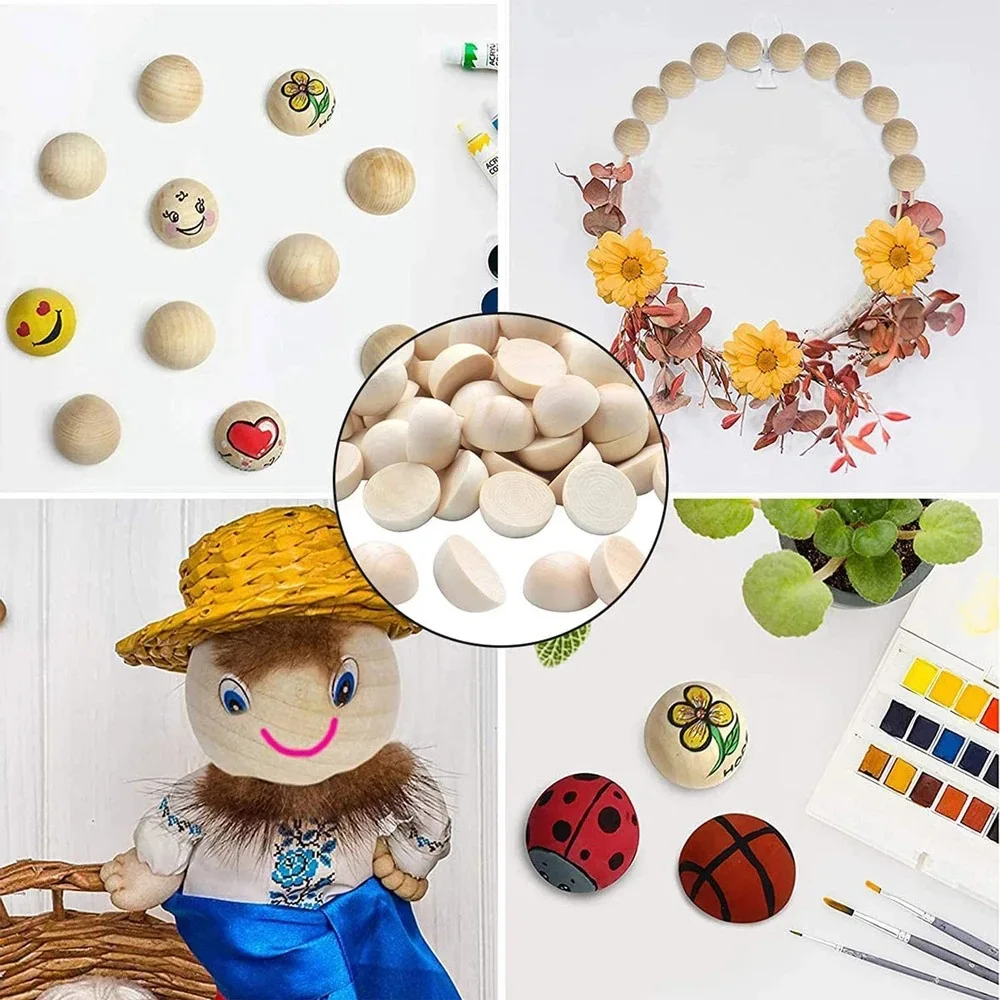 100PCS Natural Wood Beads Unfinished Split Half Round Ball12mm 15mm 20mm 25mm 30mm 35mm 40mm Craft DIY Paint Kid Arts Game Gifts