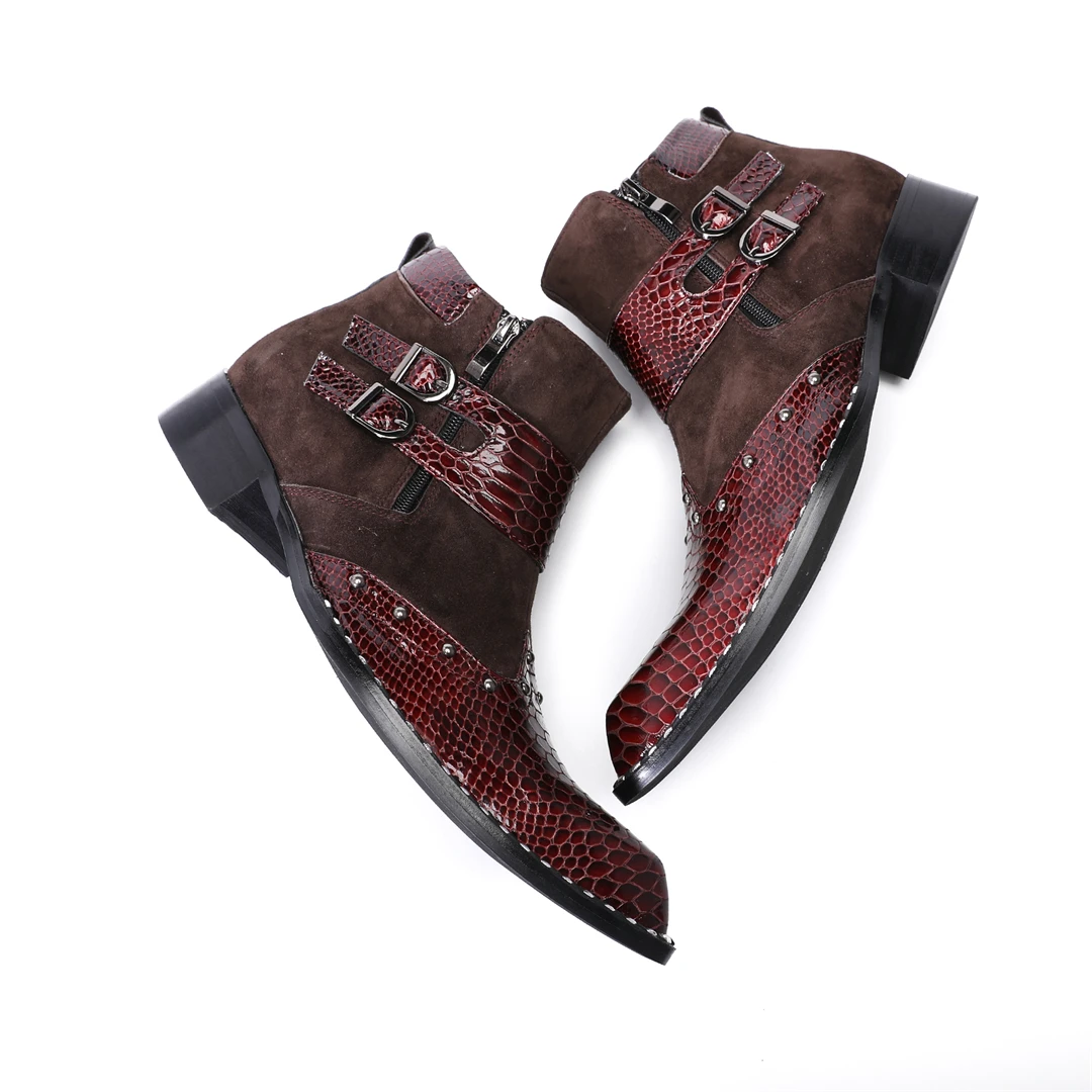 

botas patchwork real leather men ankle boots plus size pointed toe buckle strap motorcycle short boots male party dress shoes
