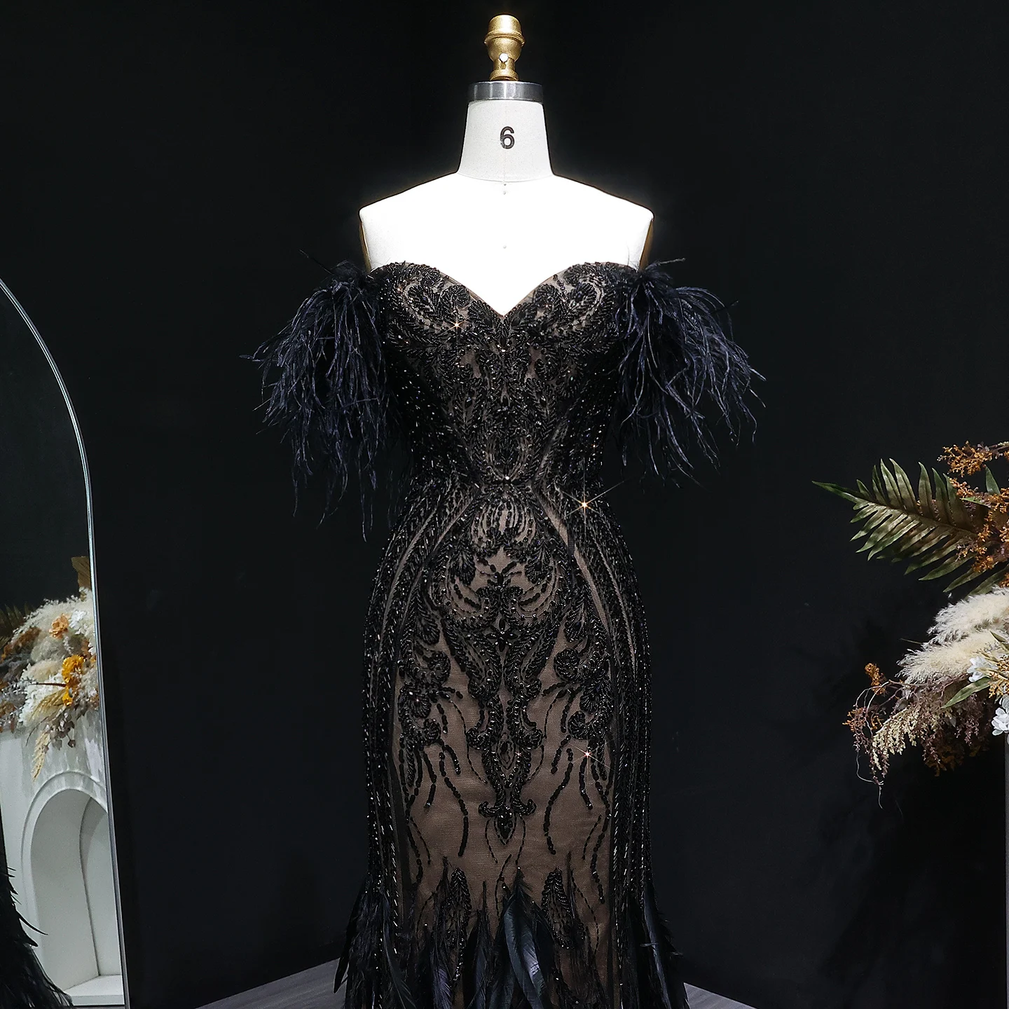 Sharon Said Luxuriöse Meerjungfrauen-Abendkleider, schulterfrei, mit Federn und Perlen, saudi-arabische Damen-Partykleider SS792, maßgeschneidert – Detail 5