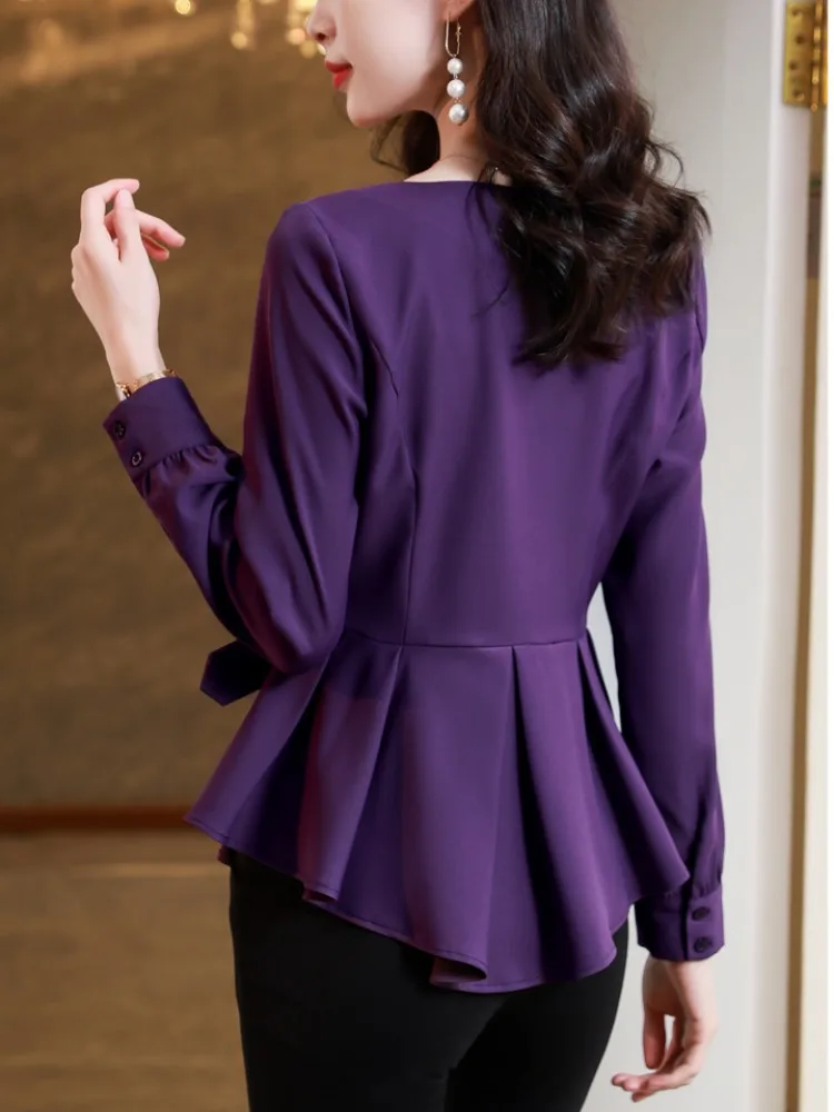 Irregular purple shirts for women wlace up waist blouse tops