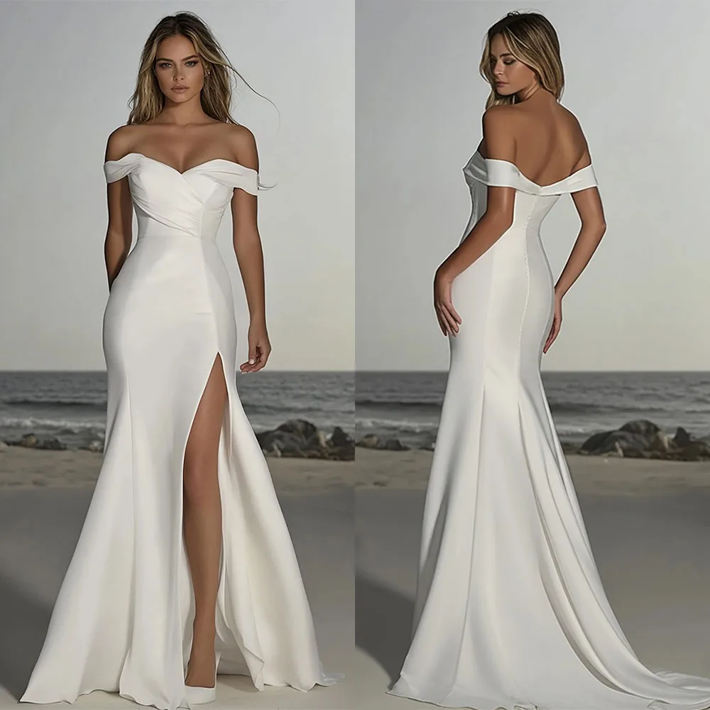 

High Quality Customized V-neck Off Shoulder White Floor Length Court Train Backless Zipper Up High Fork Mermaid Robes De Soirée