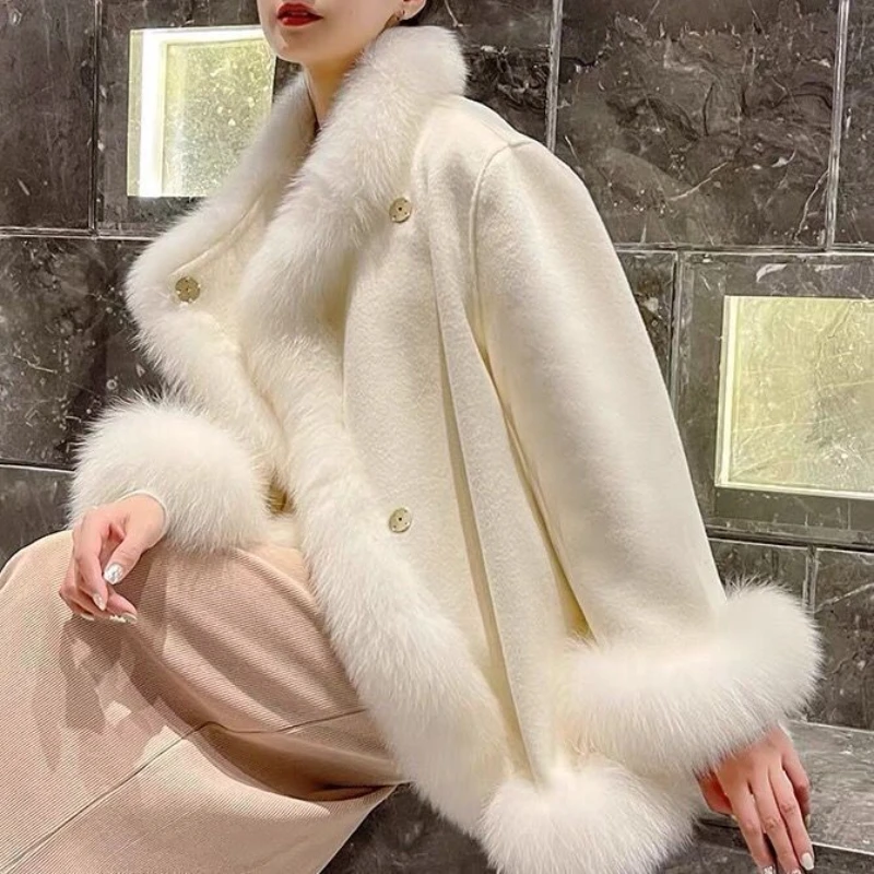 

Women Faux Fur Fox Coats Mid Length Coat Thick Warm Elegant Spring Cloak Open Stitch Jackets Outerwear Autumn Furry Outerwear