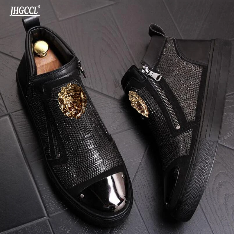 Black Shining Luxury Rhinestone High Tops Zip Men Sneakers Punk Casual Shoes Male Ankle Boots Zapatillas Hombre A4