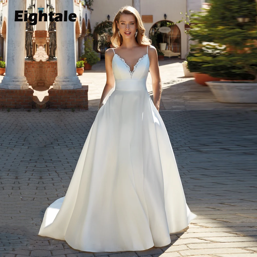 

Eightale Satin Wedding Dresses with Pockets V-Neck Spaghetti Strap Vintage Country Elegant Bridal Gowns 2023 hochzeitskleid