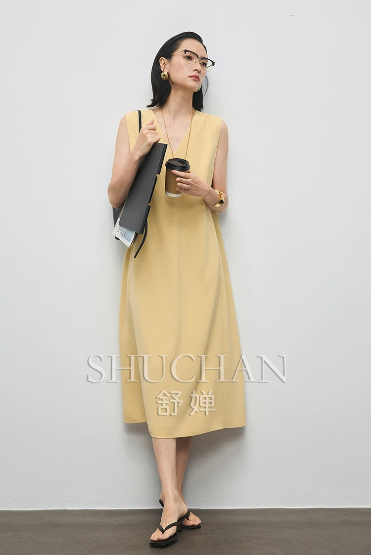 

R0W Wind Craftsmanship Vertical Cutting Dress Heavy 6A Elastic Silk Q37341 Maxi Dresses for Women