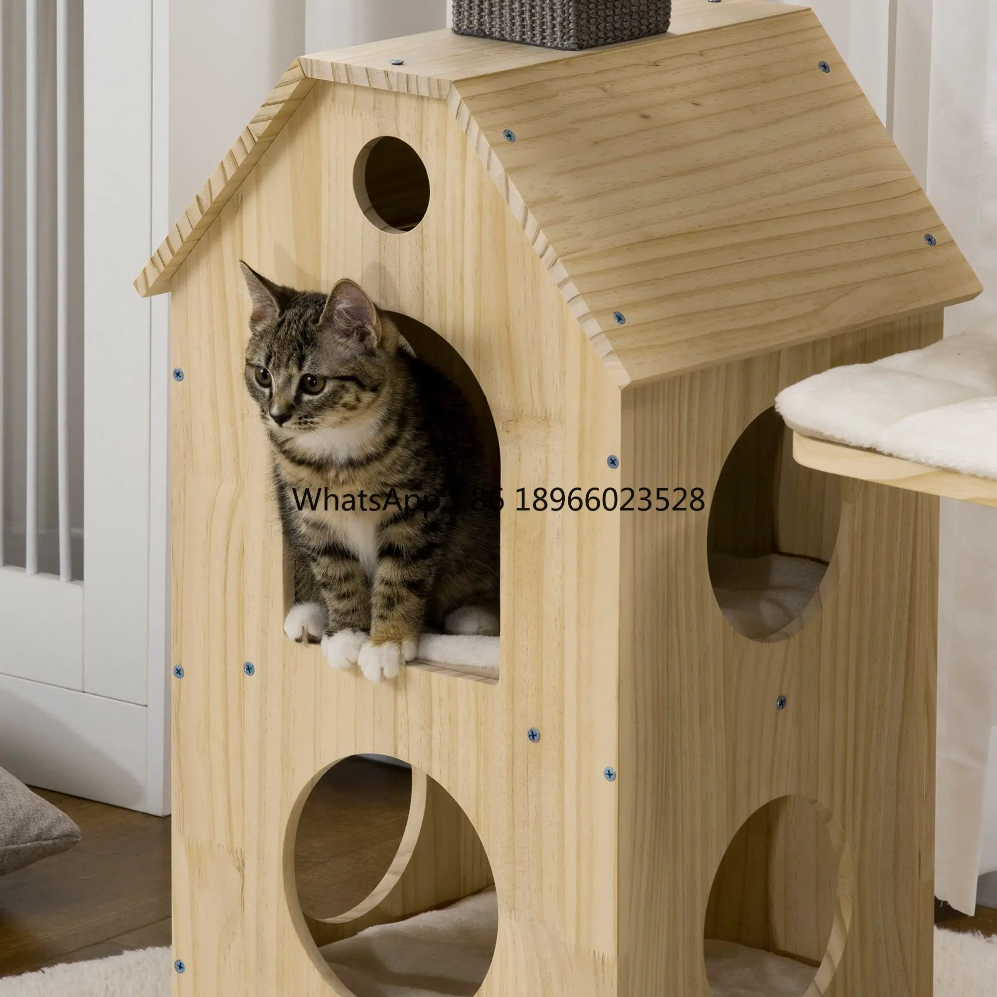 

Indoor Modern Cat Furniture Climbing Double-Layer Cushioned House Tower Wooden Cat Tree with Scratching Posts & Wheel