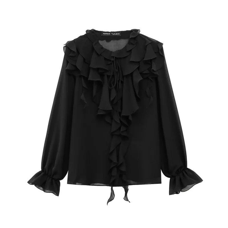 ETJ 2025  Spring New women's Sweet gentle fashion ruffled layered sexy translucent long-sleeved lace-up shirt
