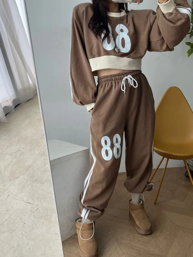 Casual Sweatshirt Sportswear Set Women's Short High Waist Wide Leg Pants Two Piece Set Autumn Digital Print Street Style