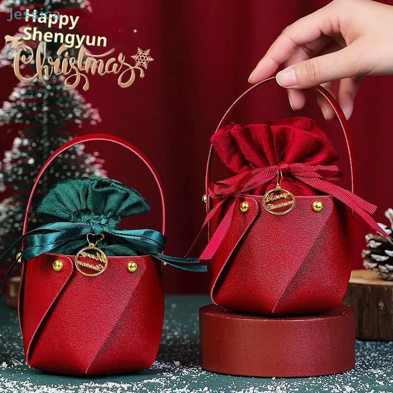 ♥ Bolsa de regalo de polipiel roja con adornos dorados, contenedores de regalo festivos para dulces navideños y pequeños regalos
