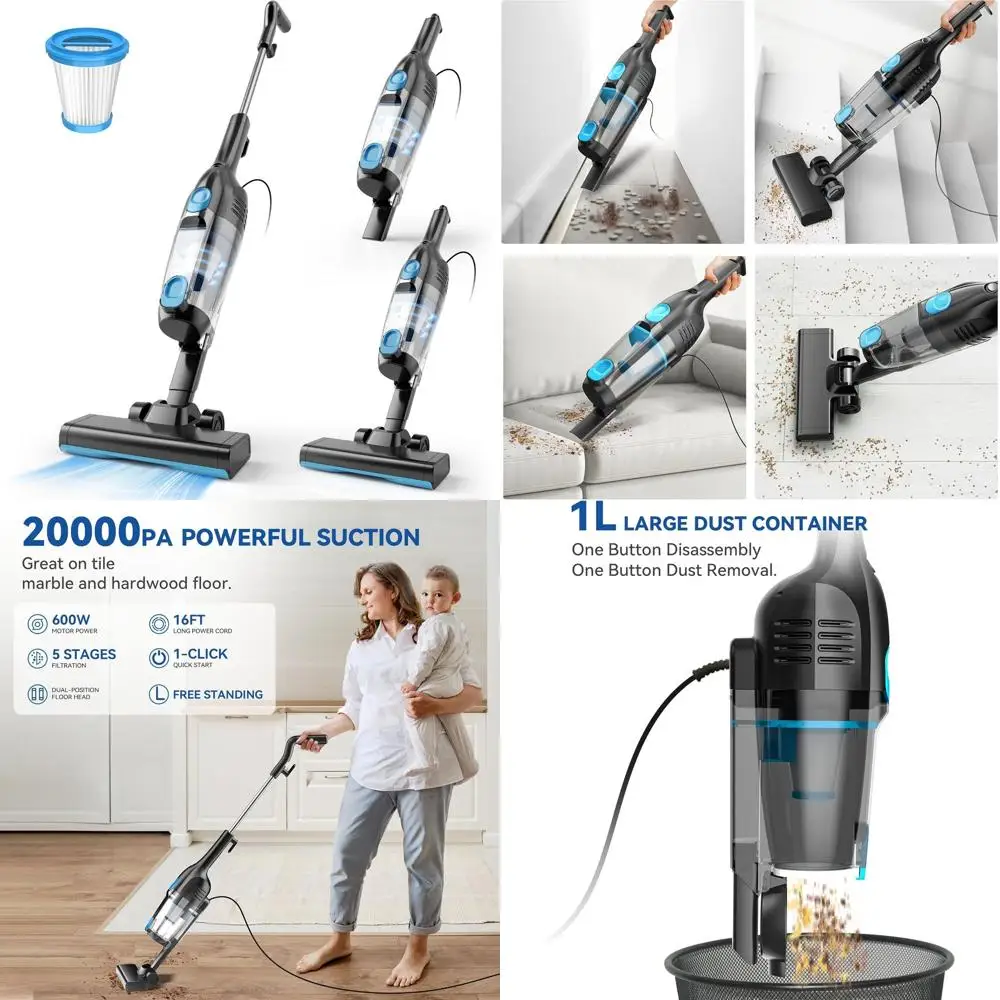 

Powerful 20Kpa Suction Corded Stick Vacuum, 16ft Cord, 2-in-1 Lightweight for Hard Floors and Pet Hair