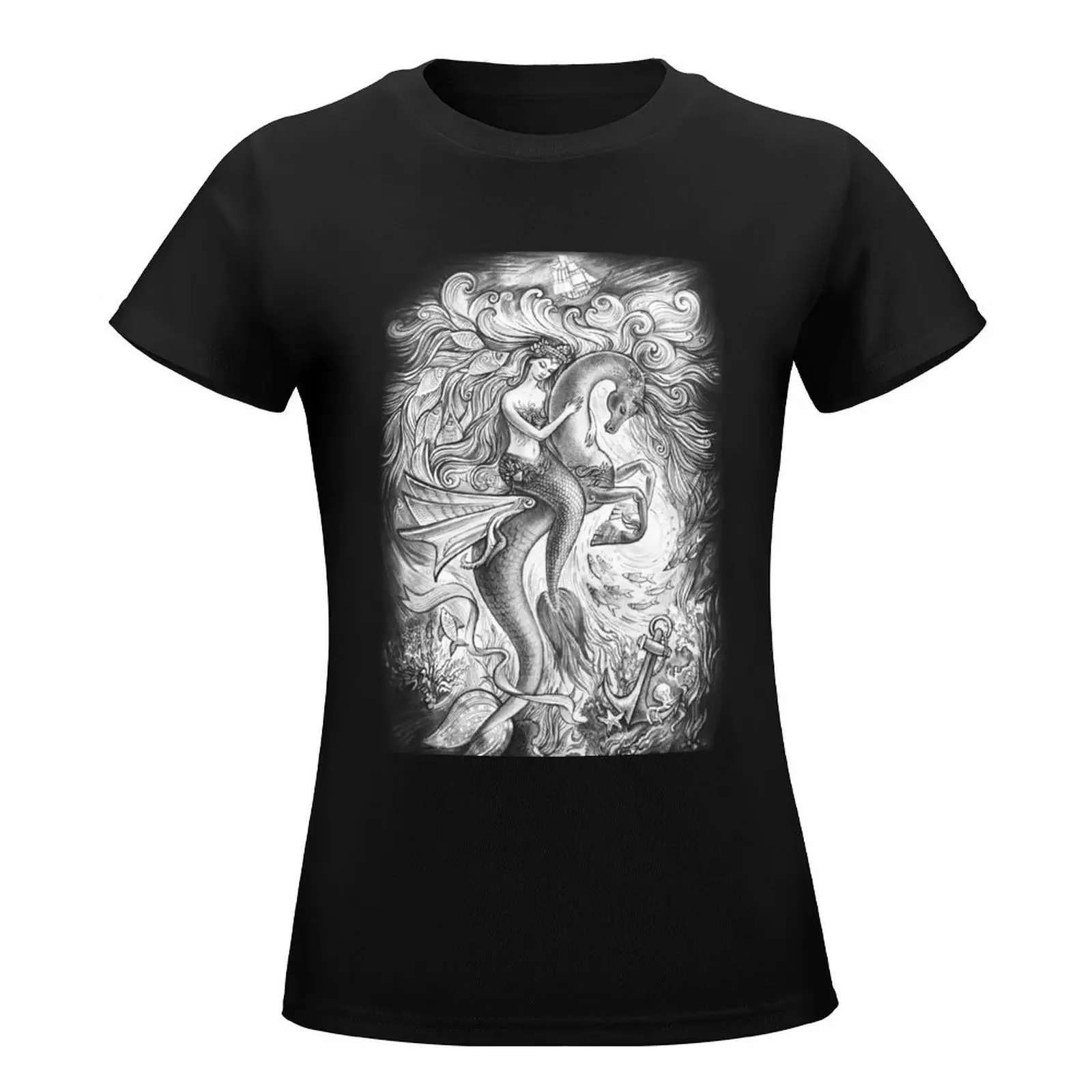 Mermaid riding an hippocampus. T-Shirt animal print shirt for girls oversized Summer Women's clothing