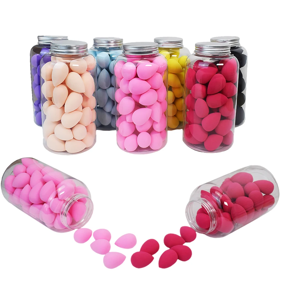 50 pezzi mini spugna di bellezza uovo goccia d'acqua piccolo trucco uovo soffio di polvere strumenti cosmetici combinati asciutti e bagnati con scatola di immagazzinaggio
