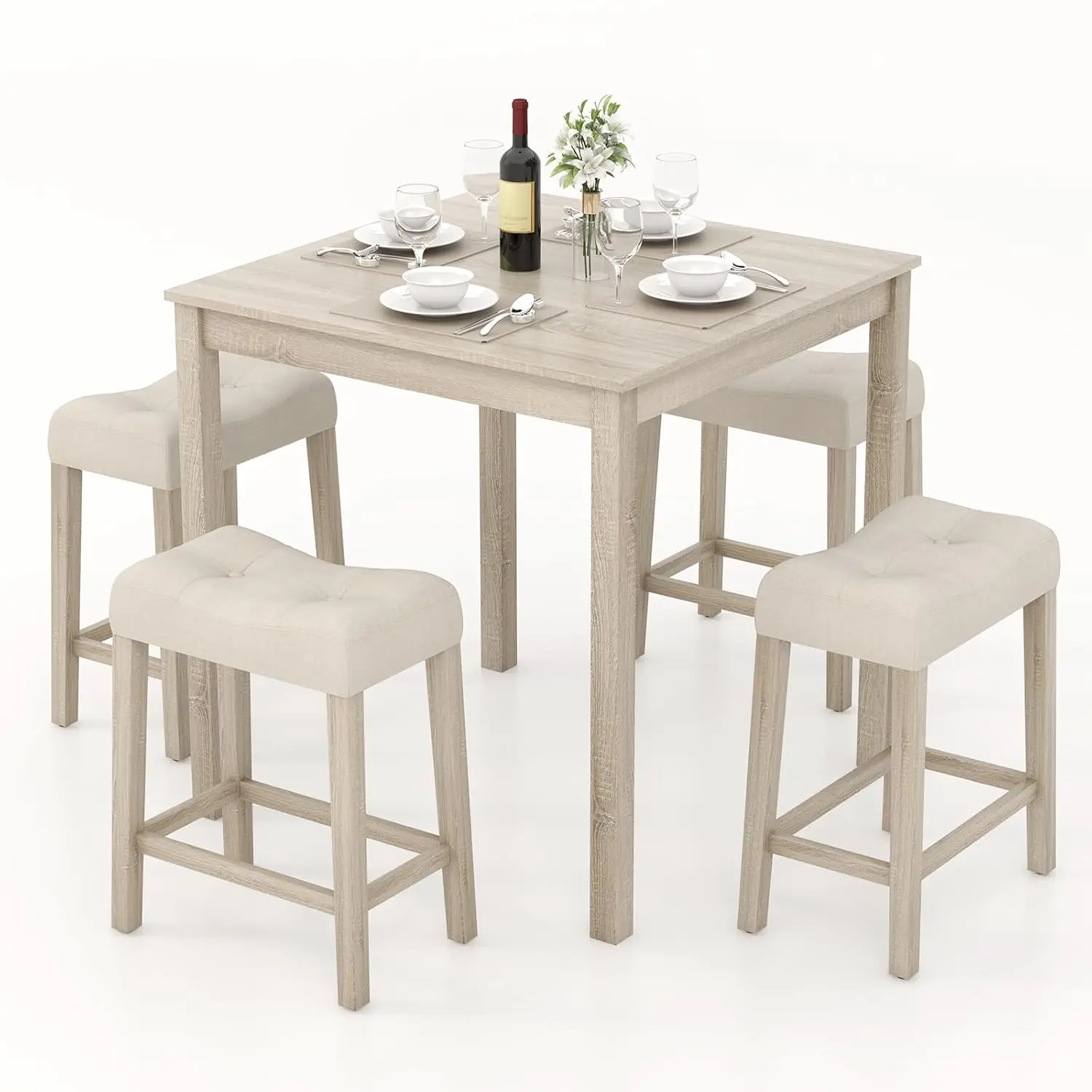 

5pc Bar Table Set Square w/Padded Stools Rubber Wood Legs Space Saving Dining for Kitchen Small Space, Customized