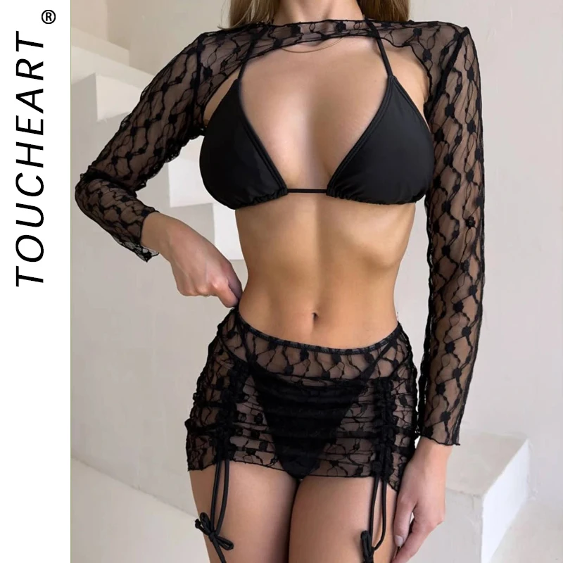 

Toucheart Sexy Lingerie Suit for Women Mesh Four-piece Beach Swimsuit Sexy Bikini Solid Color Long Sleeves Mesh See-through Set