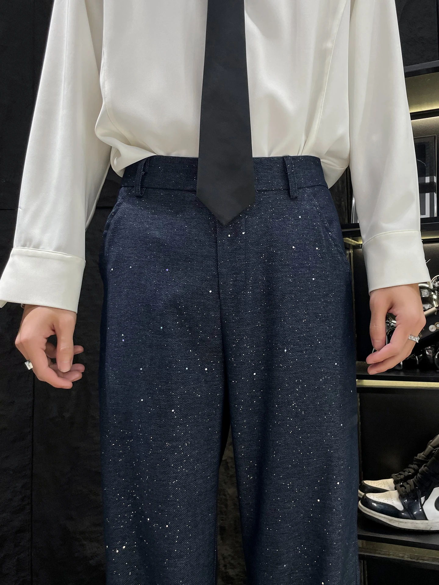 

Мужские брюки HOMME прямого кроя, повседневные, с блестящими пайетками, в клетку, пэчворк, длинные, модные, молодежные, осенние