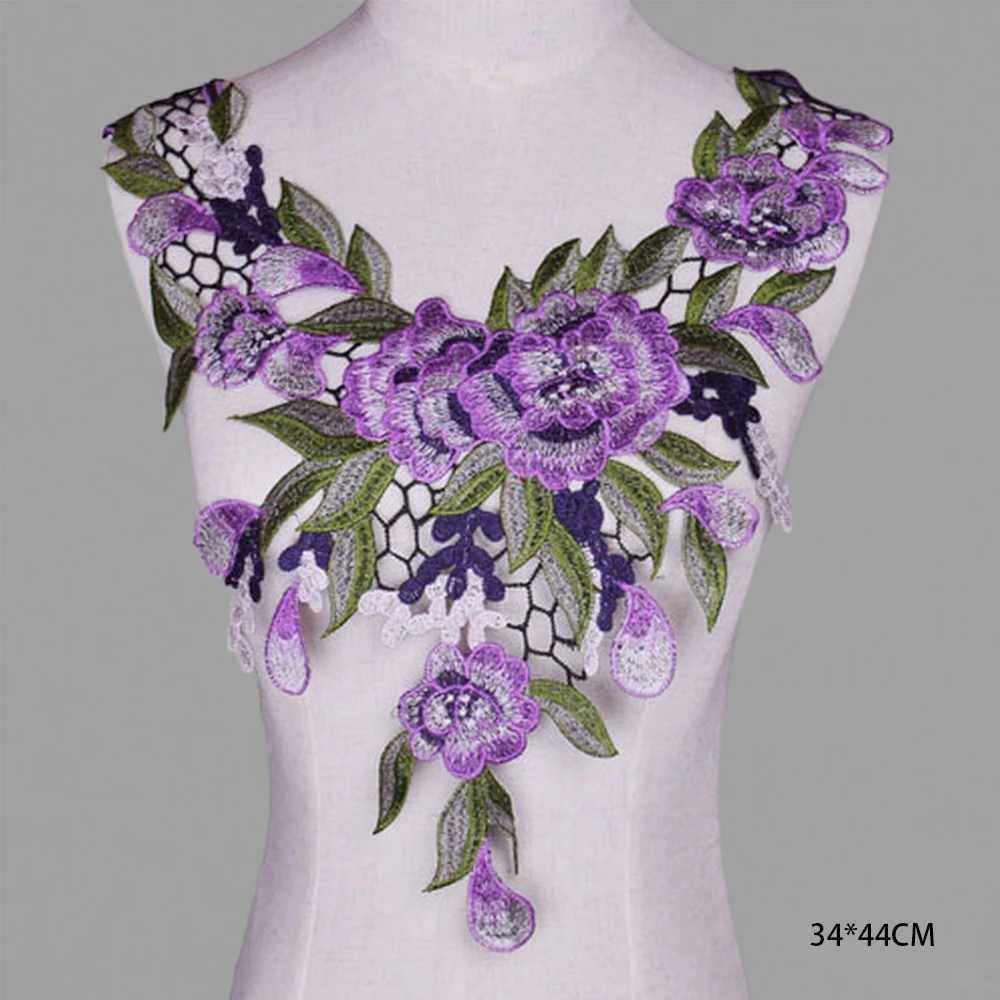 Purple Elegant Flower Embroidery Patches Fabric For Dress Home Curtain Party Clothing Accessories Sewing Applique Repair Crafts