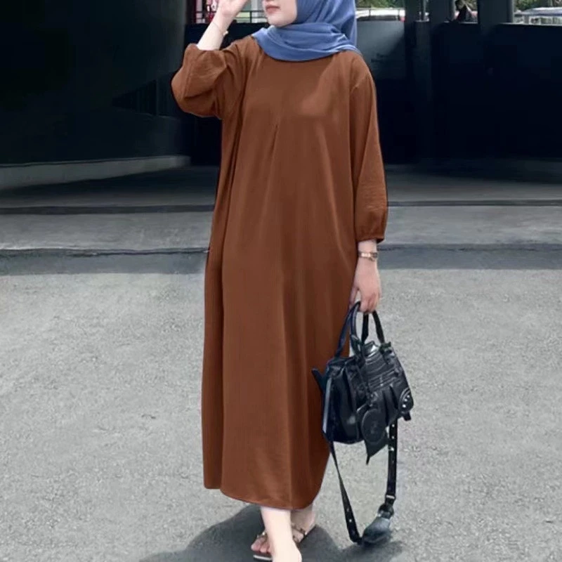Middle Eastern Muslim Luxury Fashion New Women's Bubble Sleeve Solid Color Tank Top Robe Women's Casual Loose Long Dress