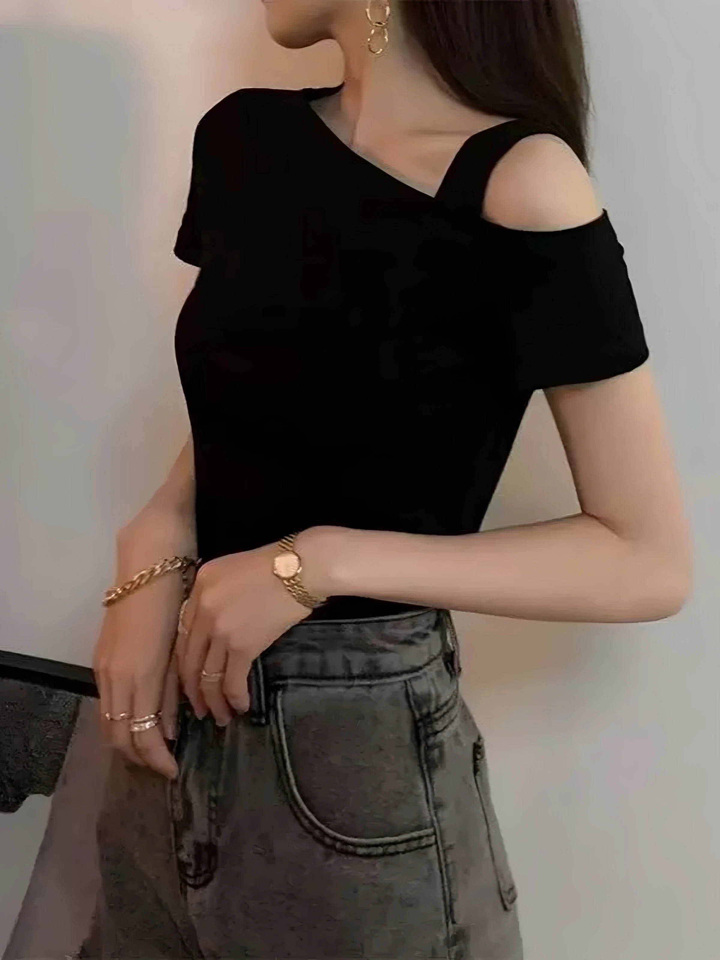 Black Short Sleeve T-Shirt Women's Slim Fit Shoulder Bared Cotton 95 Summer New Style plus Size Versatile Casual Top