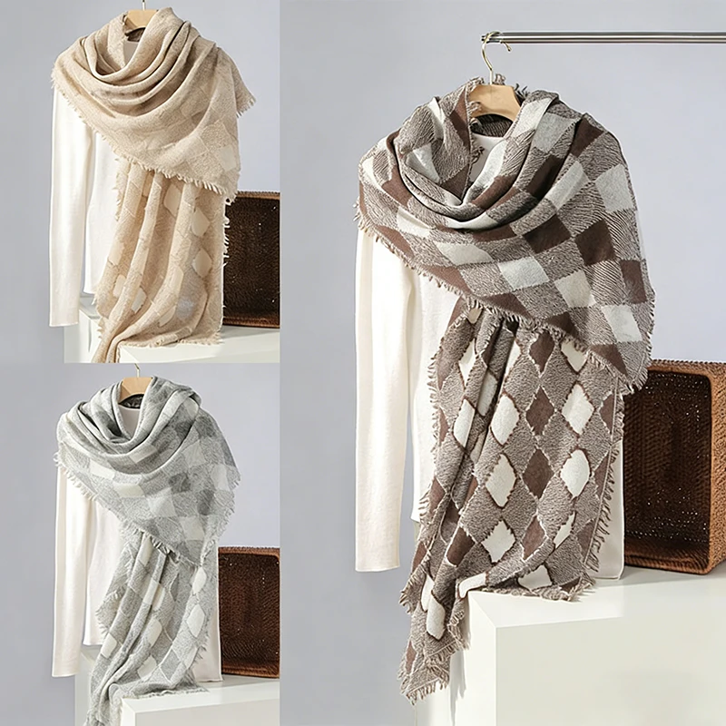 

Thin Wool Women Shawl Scarf 2026 New Black White Checkered Pattern All Season Daily Wear Wrap