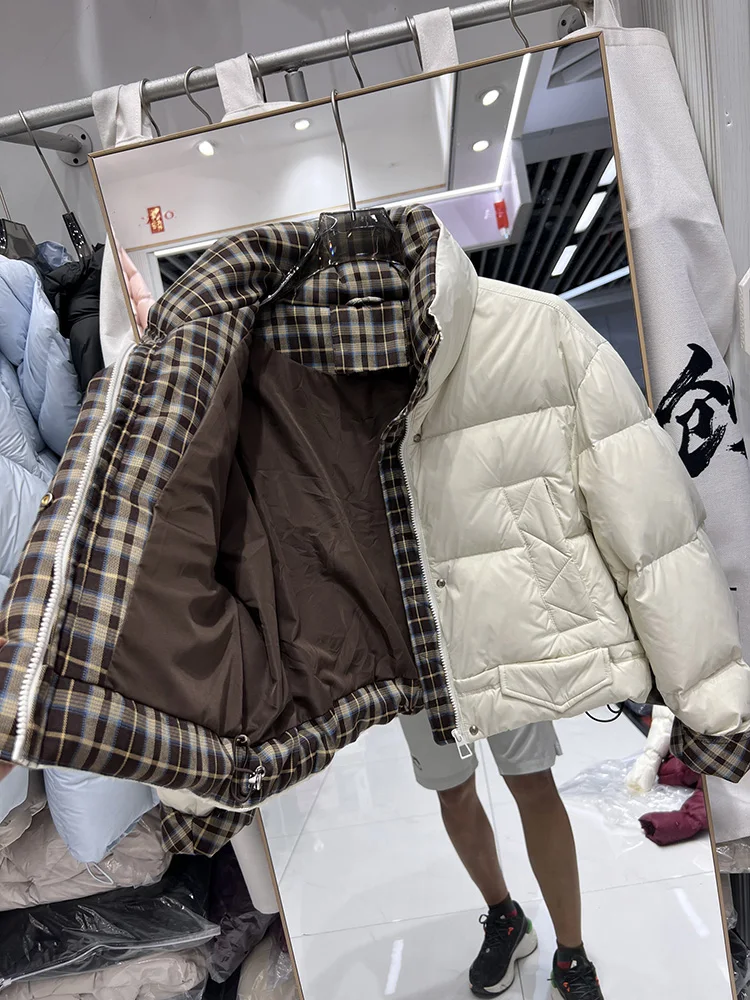 2025年新作 ダウンジャケット レディース ショート丈 スタンドカラー チェック柄 デザイン感 ルーズ 多用途 カジュアル ホワイトダックダウンジャケット