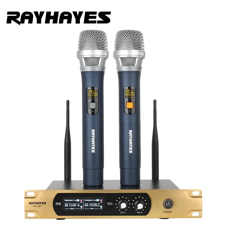 

RAYHAYES KU-207 2 Dual Channel UHF Wireless Microphone Professional Cardioid Dynamic Handheld Mic Microphone System for Karaoke