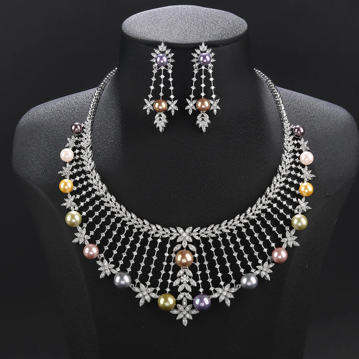 

Luxury Cubic Zirconia Flower Pearl Necklacе Nigeria Dubai Bridal Wedding Jewellery Sets Women Party Accessories CN11512