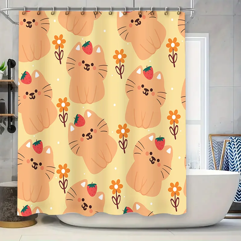 

Очаровательная занавеска для душа с мультяшным котом и клубничным принтом, декоративный водонепроницаемый коврик для ванной для украшения дома в ванных комнате, желтый цвет