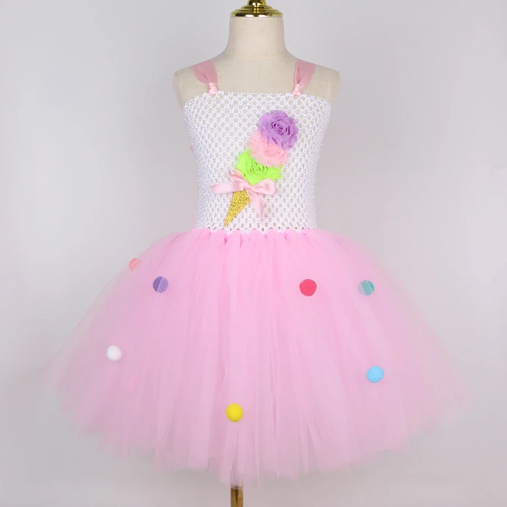 Cupcake Ice Cream Costume Kids Sweet Pink Tutu Princess Dress for Girls Toddler Halloween Holiday Birthday Party Tulle Dresses