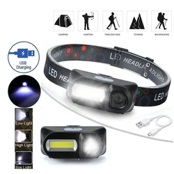 Linterna frontal LED para pesca, Luz Portátil para acampar, Mini XPE COB, USB, 18650