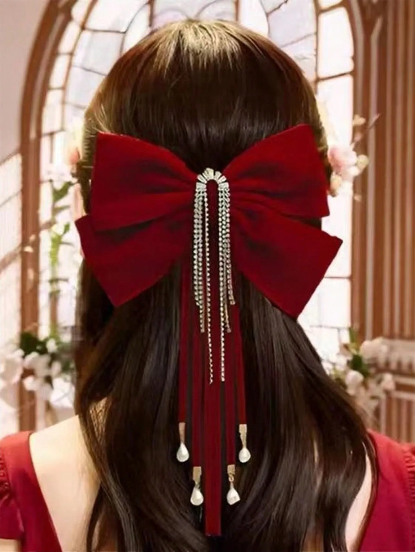 1 Ladies New Year\'s red big bow pearl hairpin suitable for bridal toasts wedding clip Valentine\'s Day dress