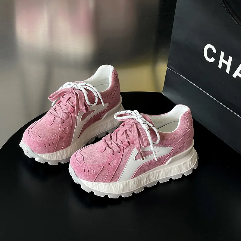 Gray Burgundy Patchwork Suede Chunky Sneakers For Women Dual Color Lace Up Design Round Toe Non Slip Serrated Thick Platform view 4