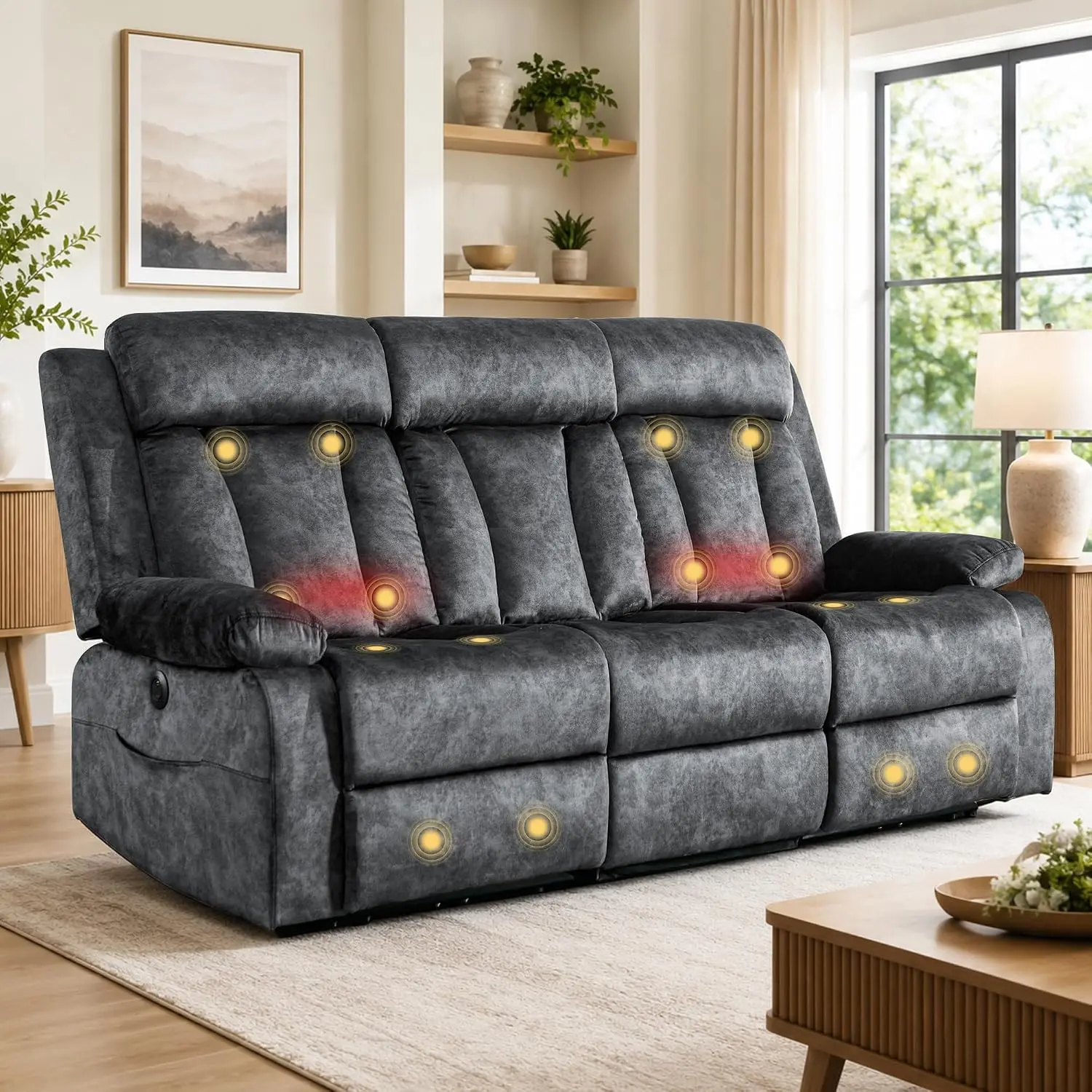 Power Reclining Sofa with Massage and Heat, 3 Seat Electric Reclining Couch with USB & Type-C Charging, 8-Point, Customized