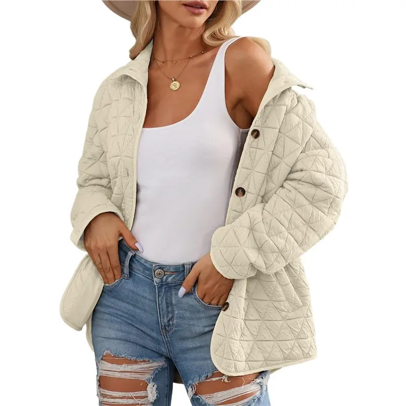 

PHFU-Women's Light Weight Quilted Casual Winter Open Front Button Down Puffer Coat Outwear Cardigan Cream White S