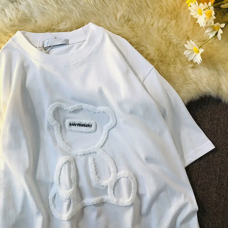 Women T-shirts Harajuku Girls Plus Size Tops Letter Jacquard O-Neck Short Sleeves Loose Summer T-shirt Bear White Tees Clothes