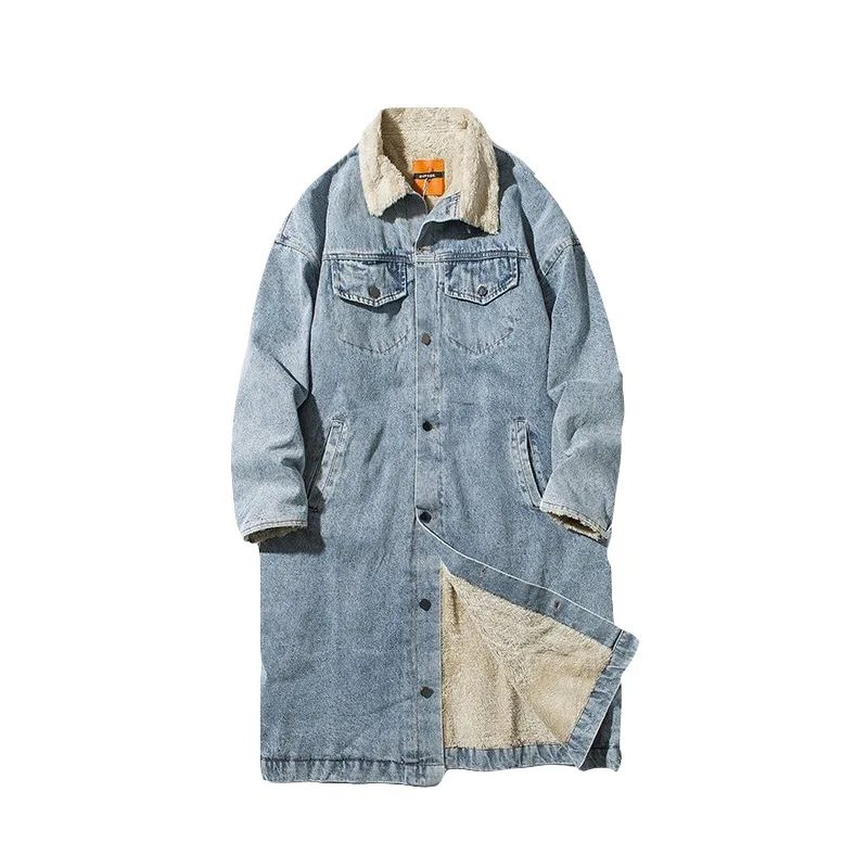 Cappotto ispessito con risvolto di media lunghezza da uomo in cotone denim sciolto letterario personalizzato da uomo