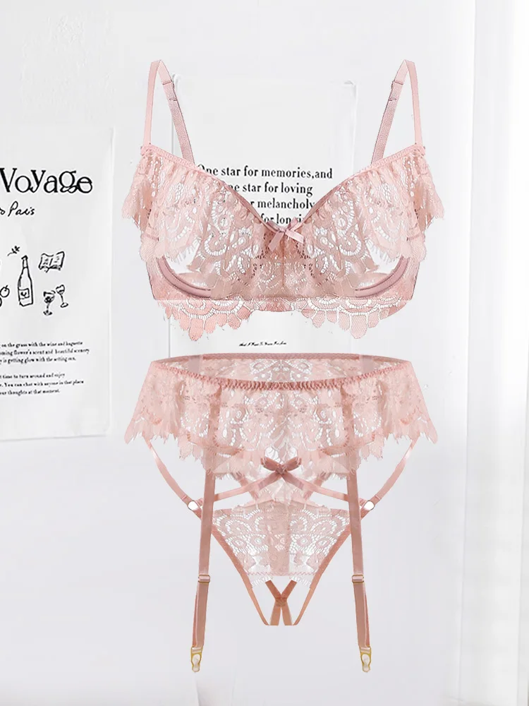 

Lace edge thin transparent lingerie ultra-thin ladies steel ring bra underwear thong panties breathable 3-piece bralette set