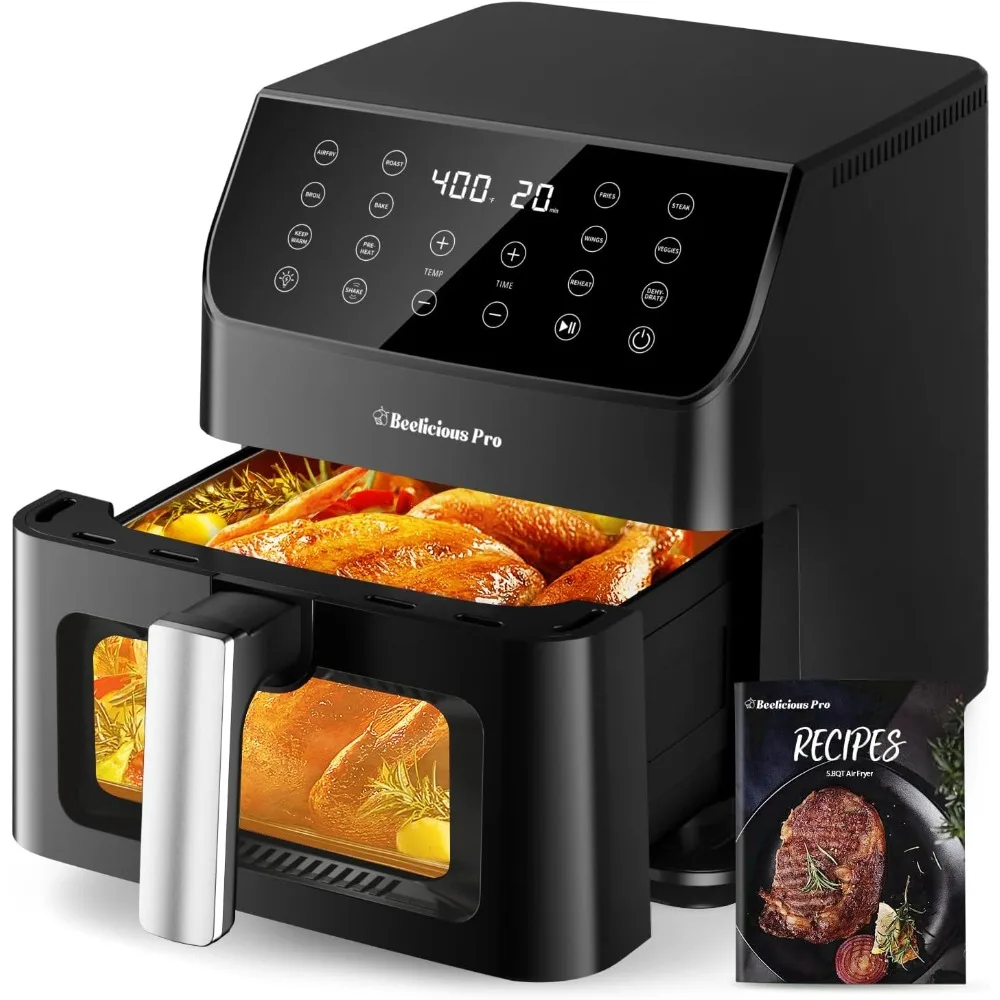 Beelicious Friggitrice ad aria grande da 5,8 QT, Friggitrice digitale 12 in 1 con finestra trasparente, oltre 40 ricette, tecnologia Flavor-Lock, Promemoria Shake, Com